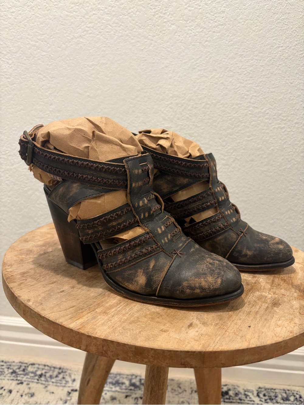 Freebird by Steve Distressed Leather Cutout Heeled Booties in Brown